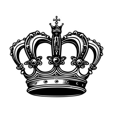 Karmaşık tasarım unsurları ve süslemeleri olan kraliyet tacının zarif siyah beyaz çizimi.