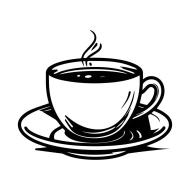 Sade Tasarımlı bir fincan tabağı üzerinde dumanı tüten bir kahve fincanının zarif siyah ve beyaz çizimi.