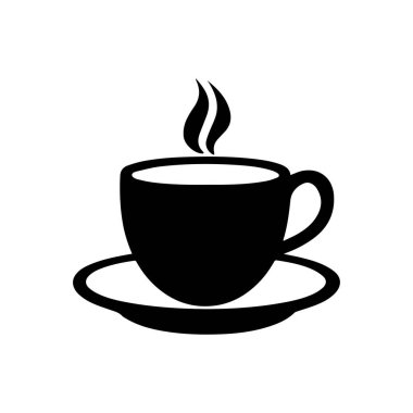 Kahve fincanının siyah silueti. Minimalist tarzda İçecekten UFO ve Buhar yükseliyor.