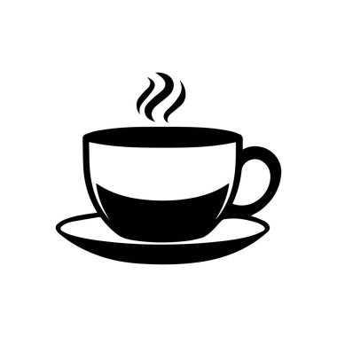 Kahve fincanının siyah silüeti, kafeler ve içecekler için izole edilmiş çay tabağının üstünde buharlı.