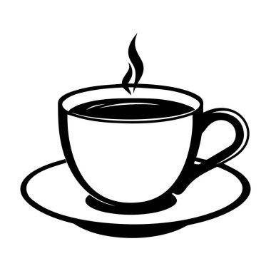 Kahve ya da içecek tasarımları için ideal bir fincan tabağında pişen kahve fincanının zarif siyah ve beyaz çizimi