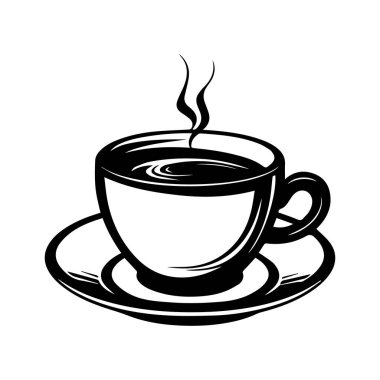 Sade ve beyaz kahve fincanı çizimi buharı yükseliyor ve çay tabağı şeklinde.