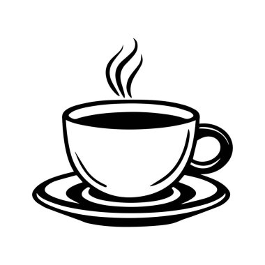 Yemek ve içecek tasarımları için mükemmel bir fincan tabağında pişen bir kahve fincanının sade siyah ve beyaz çizimi.