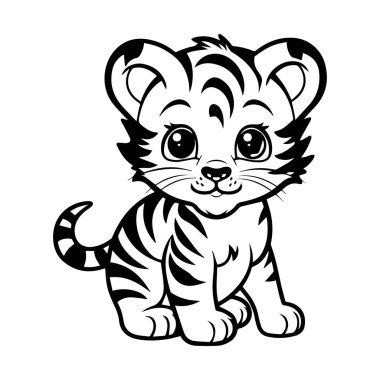 Büyük Gözlü Şirin Çizgi Film Kaplan Yavrusu ve Basit Siyah-Beyaz Çizgi Sanat Tarzı Oyuncak İfadesi