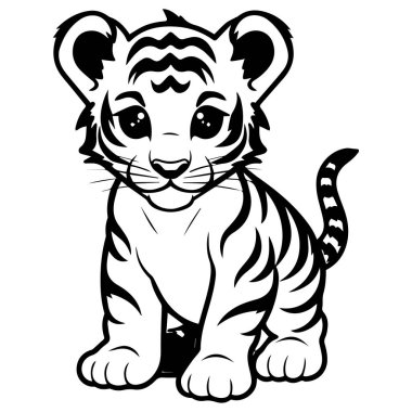 Oyuncak ve Sevimli Çizgi Film Kaplan Karakteri Sevimli Özellikleri ve İfadesiyle Siyah ve Beyaz Çizim