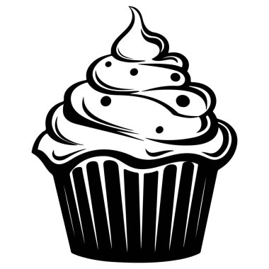 Üstünde krema ve dekoratif serpiştirme olan Lezzetli Kek 'in Siyah ve Beyaz Çizimi