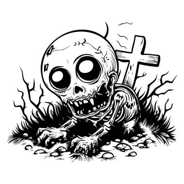 Çimenlerle çevrili yerden yükselen tüyler ürpertici iskelet ve ürkütücü bir resimdeki mezar taşı.