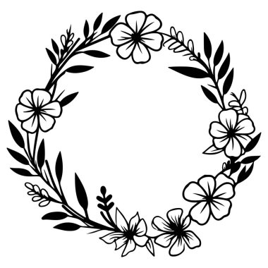 Karmaşık çiçekli ve siyah beyaz yapraklı çelenk tasarımı, baskı ve dekorasyon için ideal.