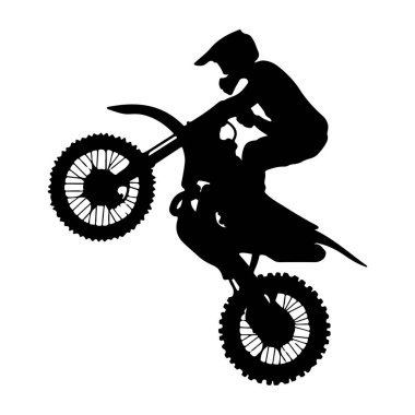 Bir motokros sürücüsünün silueti hareketli bir pozla bir off-road motosikletine heyecanlı bir atlayış yapıyor.