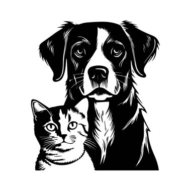 Bir köpek ve kedinin birlikte siyah ve beyaz çizimi evcil hayvanlar arasındaki dostluğu ve dostluğu gösteriyor.