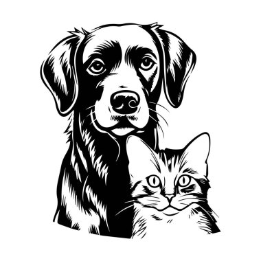 Ayrıntılı Özelliklerle Dostça Bir Poz Veren Bir Köpek ve Kedi 'nin Siyah ve Beyaz Çizimi