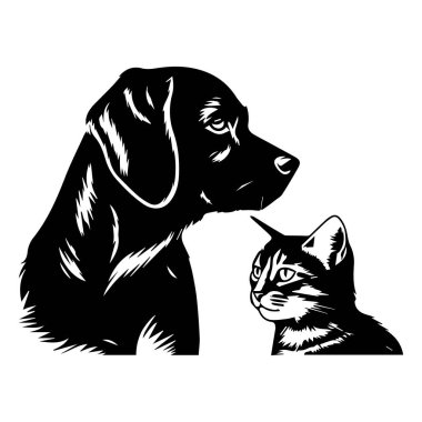 Siyah ve Beyaz Siluet Köpek Sanatı ve Kedi Yan yana Minimalist stilde
