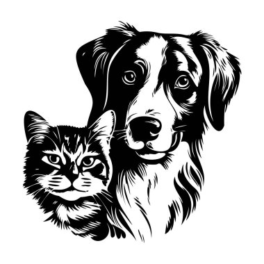 Bir köpekle kedinin sanatsal siyah-beyaz tasviri dostluk ve arkadaşlık sergiliyor.