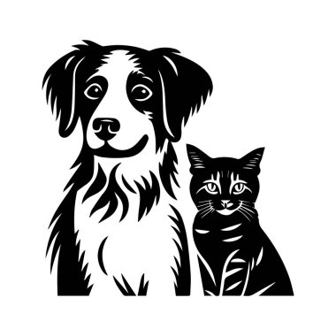 Şık Grafik Tasarımlı Bir Oyuncu Köpek ve Tuhaf Bir Kedi Yan yana Oturuyor