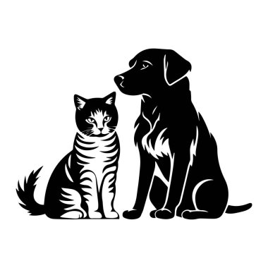 Bir kedi ve bir köpeğin silueti, evcil hayvan severler için temiz ve basit bir tasarımla yan yana oturuyor.