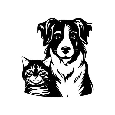 Bir Kedi ve Köpeğin Dostça Bir Poz İçinde Oturuşunun Siyah ve Beyaz Çizimi
