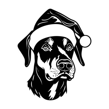 Tatil ve Evcil Hayvan Temalı Tasarımlar İçin Siyah ve Beyaz Sanatsal tarzında Noel Baba Şapkası Giyen Sevimli Köpek