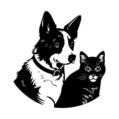 Hayvanseverler ve Evcil Hayvanlar İçin Bir Köpek ve Kedi Birlikte 'nin Siyah ve Beyaz Çizimi