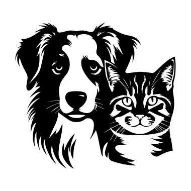 Bir Köpek ve Kedi 'nin Siyah ve Beyaz Çizimi Basit Tasarım' da Mükemmel Bağ
