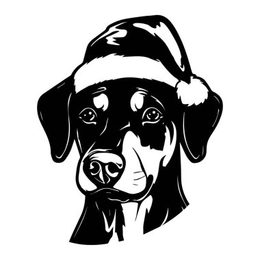 Siyah köpek Noel Baba şapkası takıyor, bayram kutlamaları ve tebrik kartı tasarımı için evcil hayvan resmi çiziyor.