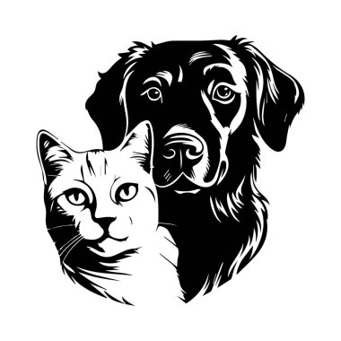 Siyah ve beyaz bir kedi ve köpeğin birlikte resmedilmesi dostluk ve arkadaşlık göstergesi.