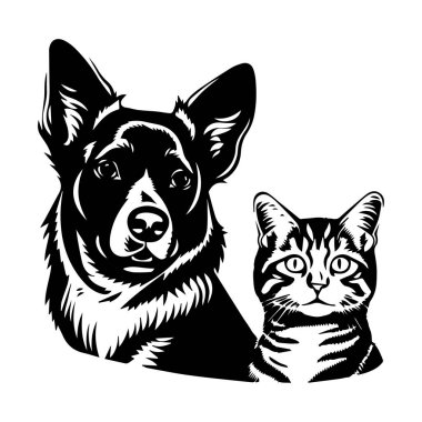 Bir köpek ve kedinin siyah beyaz çizimi evcil hayvanlardaki arkadaşlık ve arkadaşlığı sembolize ediyor.