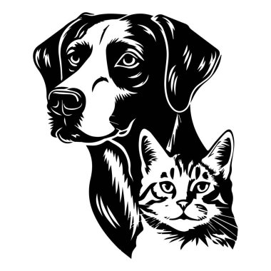 Bir Köpek ve Kedi Birlikte 'nin Siyah ve Beyaz Çizimi Hayvan Sevenler ve Evcil Hayvan Teması Tasarımları İçin Mükemmel