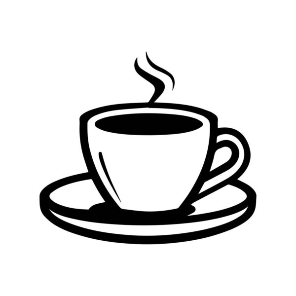Black and white illustration of a steaming coffee cup with a saucer on