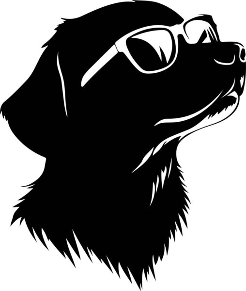 Черная собака в солнцезащитных очках в профильных силуэтах, стильная собака в модных очках, крутая иллюстрация к питомцу