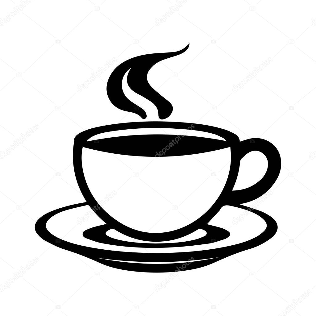 Elegant Black and White Illustration of a Steaming Coffee Cup with Saucer for Cozy Morning Vibes