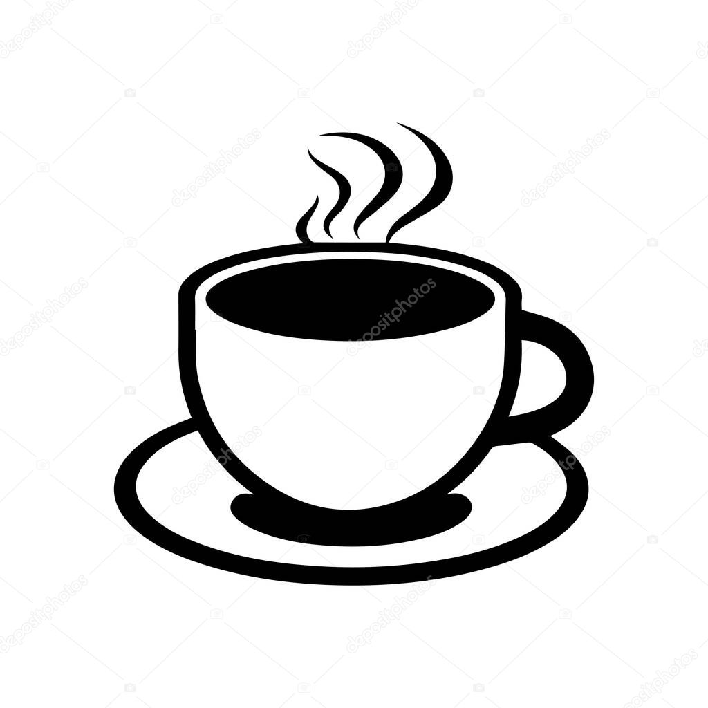Black and White Simple Illustration of a Hot Coffee Cup with Steam Rising from the Surface on a Plate