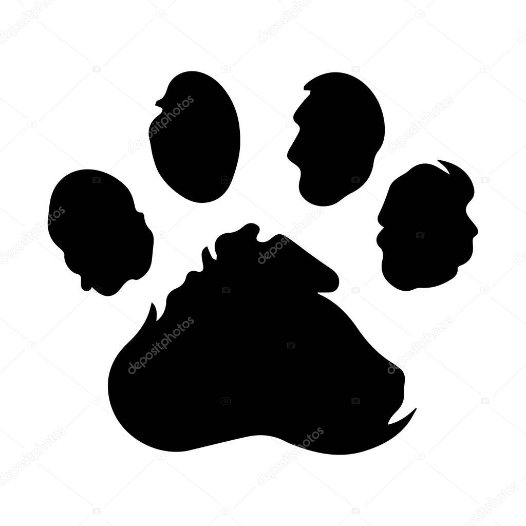 Black silhouette of a paw print with five distinct toe pads symbolizing animal footprints for nature themes