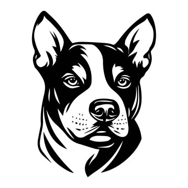 Güçlü bir köpek kafasının ayrıntılı siyah-beyaz çizimi. İfade eden gözleri ve vektör tarzında sivri kulakları var.