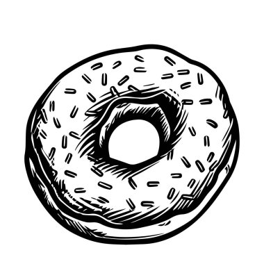Elle çizilmiş Lezzetli bir Donut 'ın çizimi, serpiştirilmiş ve içi boş siyah-beyaz bir merkez.