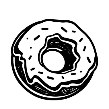 Kremalı ve serpiştirilmiş lezzetli yuvarlak bir çöreğin basit siyah ve beyaz taslağı.