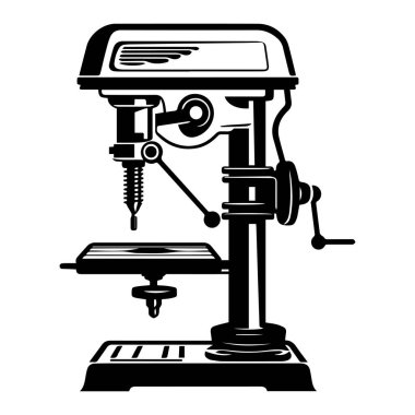 Ahşap ve Metal Çalışması için Klasik Matkap Basın Makinesi, Siyah ve Beyaz Detaylı Vektör İllüstrasyonu