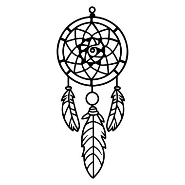 Ruhani ve Dekoratif Kullanım İçin Tüyleri Olan Karmaşık Siyah ve Beyaz Rüya Yakalayıcı