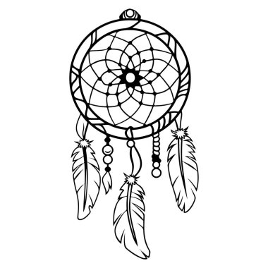 Sanatsal ve Kültürel İfadeler İçin Tüyler ve Boncuklarla Karmaşık Siyah ve Beyaz Düş Yakalayıcı İllüzyonu