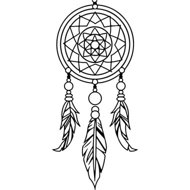 Yaratıcı Projeler İçin Tüyleri ve Geometrik Desenleri Olan Karmaşık Siyah ve Beyaz Rüya Yakalayıcı Tasarımı