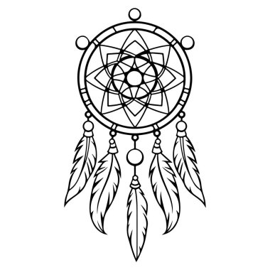 Tüyleri ve Sanatsal Projeler için Geometrik Desenli Karmaşık Siyah ve Beyaz Düş Yakalayıcı Tasarımı