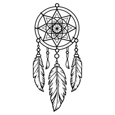 Sanat ve Dekorasyon Amaçlarına yönelik Tüyleri ve Geometrik Modelleri olan Karmaşık Siyah ve Beyaz Rüya Yakalayıcı Tasarımı