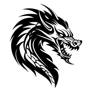 Keskin Özellikleri ve Sanatsal Amaçlar İçin Görkemli Mane ile Vahşi ve Karmaşık Siyah Ejder Başı Tasarımı