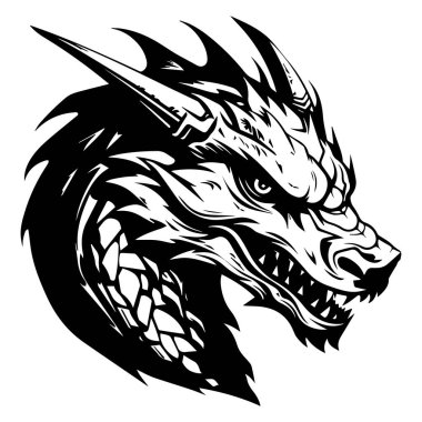 Keskin Özellikleri ve Efsanevi Sanat Koleksiyonu için Karmaşık Detaylarla Vahşi Ejder Başı İllüstrasyonu