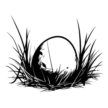 Doğa Sahnesinin Zarif Siyah ve Beyaz Silueti Çimen ve Yumurtalı Yuva Yuvası