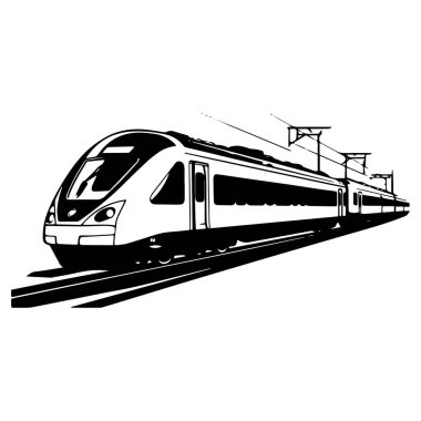 Demiryolu rayları üzerinde ilerleyen ve üzerinde elektrik hatları olan modern bir trenin siyah beyaz çizimi