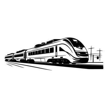 Arka planda elektrik direkleri olan modern tren raylarda ilerliyor, siyah ve beyaz resim