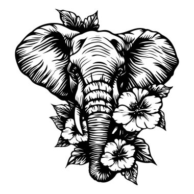 Çiçek Elementleri ve Yaprakları Sersemletici Tasarımda Çevrelenmiş Bir Fil 'in Detaylı Siyah ve Beyaz Çizimi