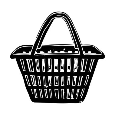 Pazar, market ve zanaatkar kullanımı için el yapımı siyah beyaz alışveriş sepeti illüstrasyonu