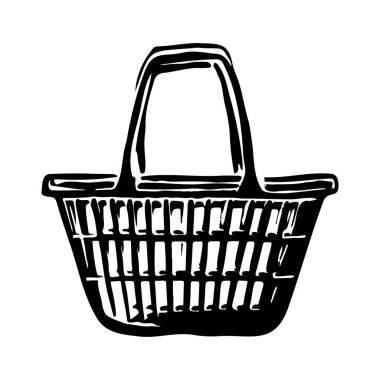 Hand Drawn Black ve White Shopping Basket Illustration with handle, Market ve Market Temaları İçin İdeal