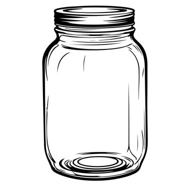 Kapağı çizili boş cam kavanoz. Tasarım, muhafaza ve depolama fikirleri için mükemmel. Siyah beyaz taslak.